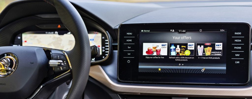 Skoda Marketplace Skoda pubblicità al volante personalizzata e localizzata infotainment sistema advertising omv stazioni servizio autonoleggio bar ristoranti hotel