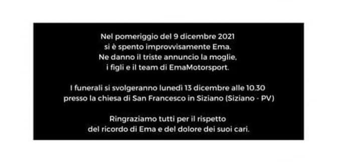 emamotorsport emanuele sabatino morto suicidato