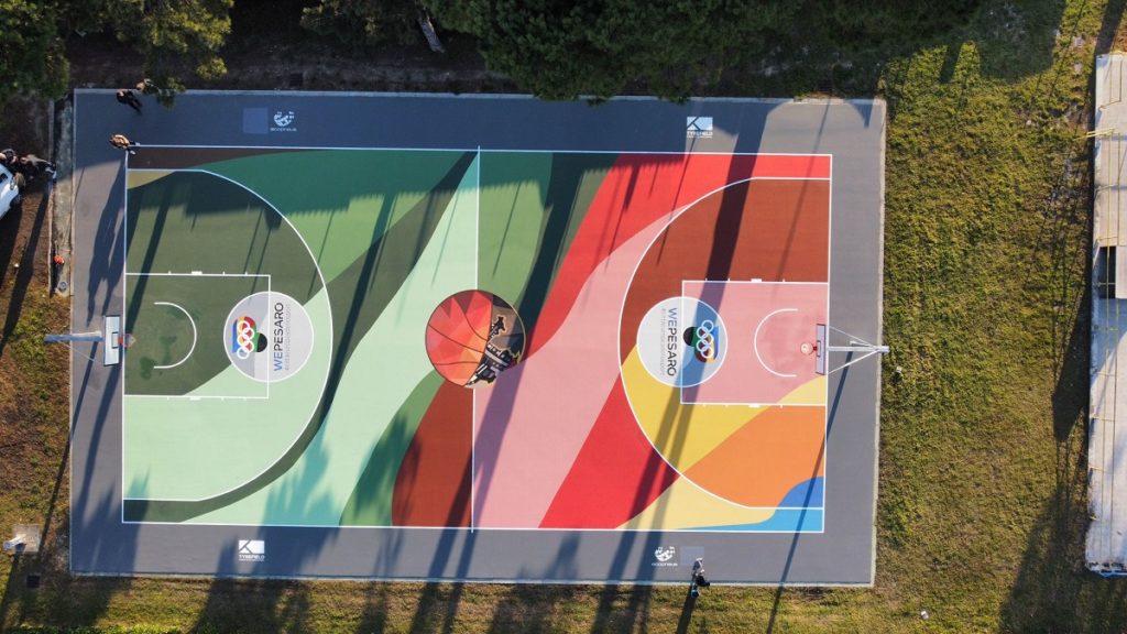 campo basket pesaro Ecopneus, Comune Lega Basket innovativo da basket in gomma riciclata pneumatici fondo tyreplast dossena Gianluca Mattioli